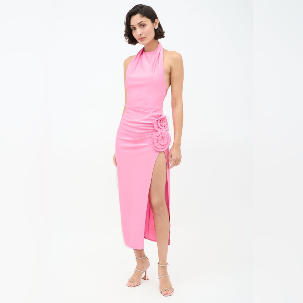 Pink Halter Maxi Dress with Rosette Detail
